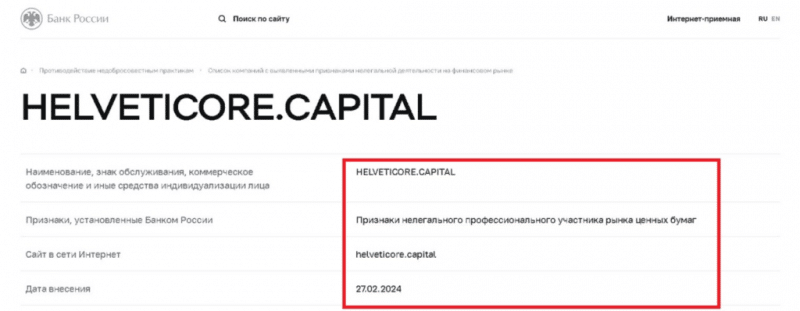 Брокер-мошенник Helveticore – обзор, отзывы, схема обмана